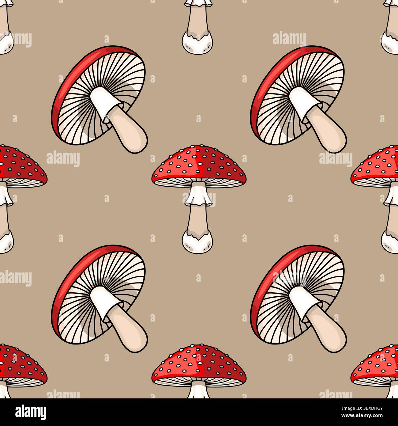 Motivo vettoriale senza cuciture con illustrazioni disegnate a mano di funghi rossi e bianchi con vari dettagli, per creare un affascinante design autunnale Illustrazione Vettoriale