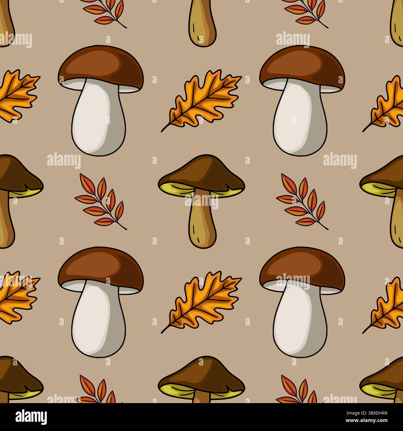 Motivo vettoriale senza cuciture con illustrazioni disegnate a mano di funghi marroni e foglie autunnali dai toni caldi e terrosi, creando un'atmosfera accogliente e naturale Illustrazione Vettoriale