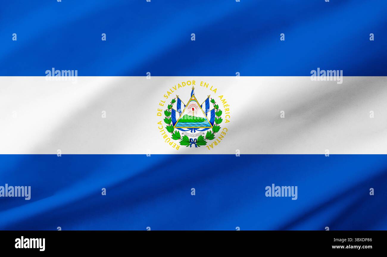 Dettaglio dello sfondo della bandiera di El Salvador che occupa l'intera cornice con texture ondulata. Foto Stock