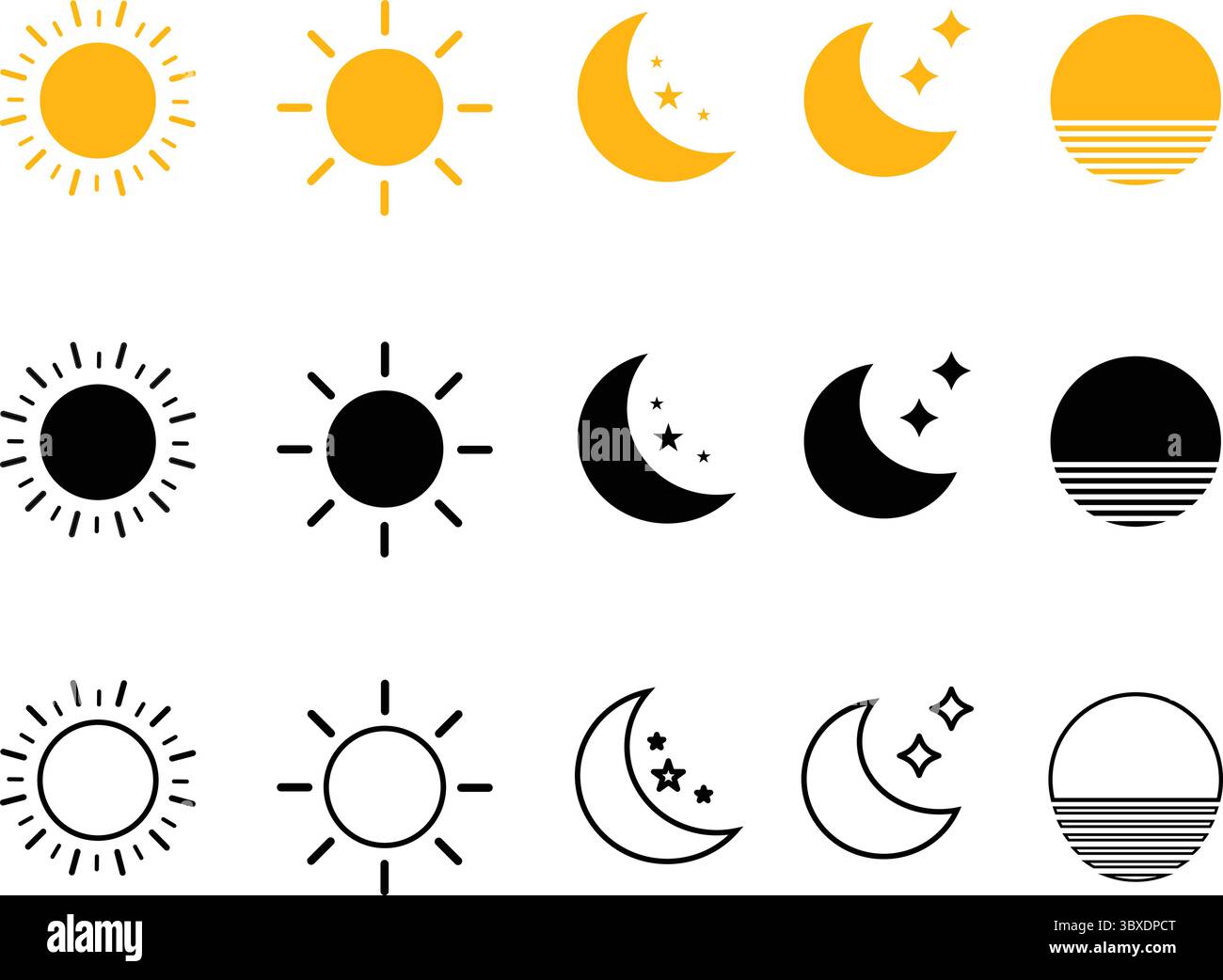 Set di icone Sole e Luna, simboli giorno e notte in nero e giallo, linea minima e stile solido per Web, App e illustrazione vettoriale. Illustrazione Vettoriale