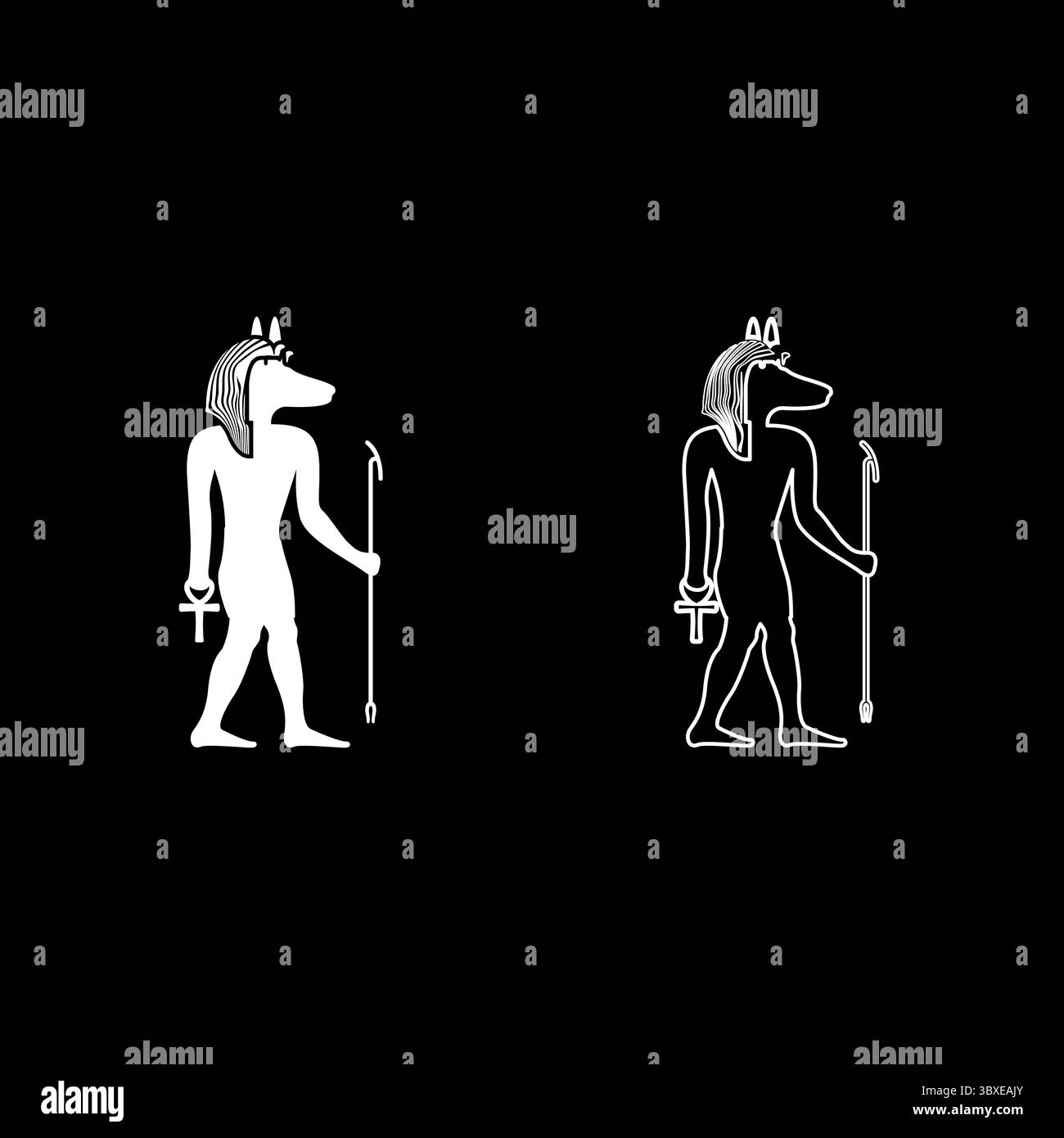 Divinità Anubi con testa di sciacallo, antico dio egiziano, regge il bastone e una silhouette a croce con un'icona mitica del set di colori bianchi, immagine vettoriale Illustrazione Vettoriale