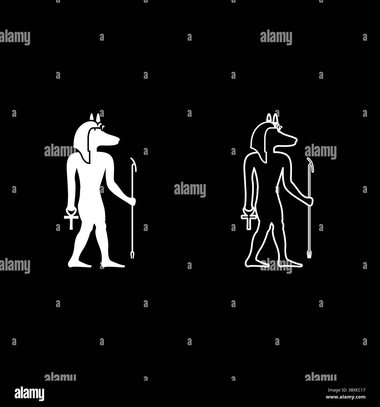 Divinità Anubi con testa di sciacallo, antico dio egiziano, regge il bastone e una silhouette a croce con un'icona mitica del set di colori bianchi, immagine vettoriale Illustrazione Vettoriale