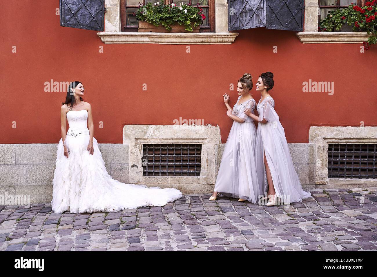 Bella sposa e bridesmaids in splendidi abiti argentati luce in vecchia bella città europea in un giorno di nozze in estate. Gli abiti sono lunghezza pavimento o Foto Stock