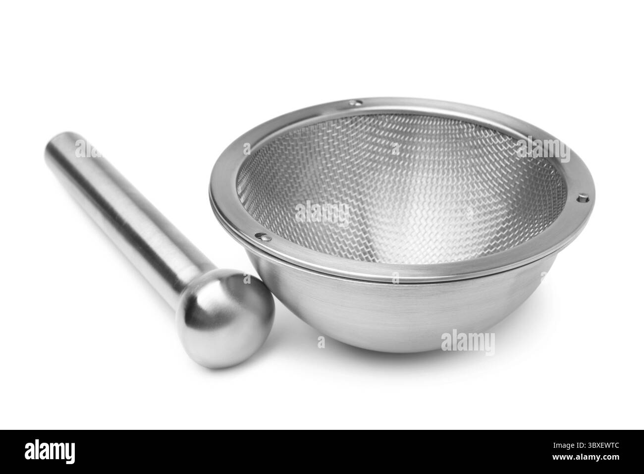 Mortaio e pestello su sfondo bianco Foto Stock