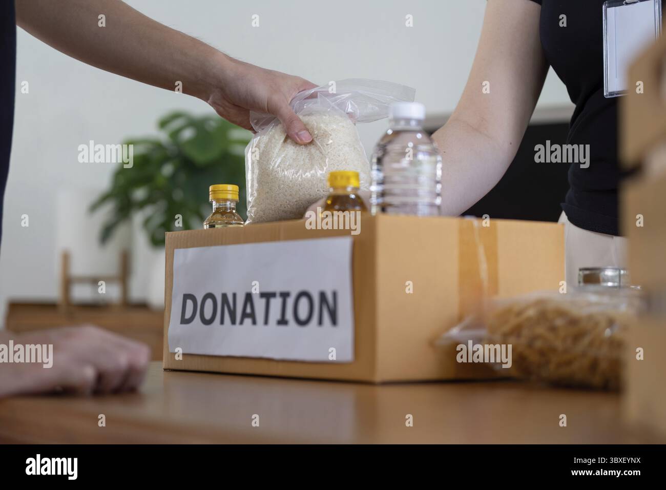 Volontari pratici che confezionano donazioni di cibo in contenitori per un progetto di servizio alla comunità incentrato sugli aiuti locali Foto Stock