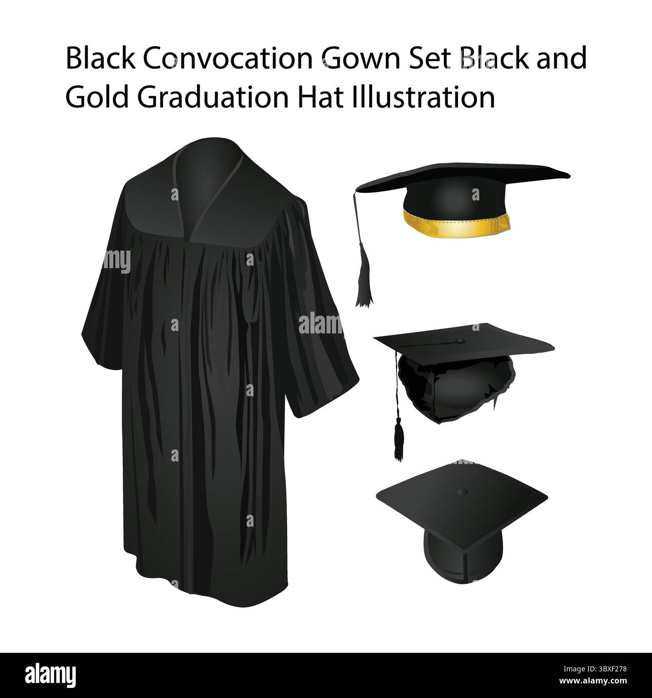 Set di abiti da cerimonia Black e Gold Graduation Hat Illustration Vol 01 Illustrazione Vettoriale