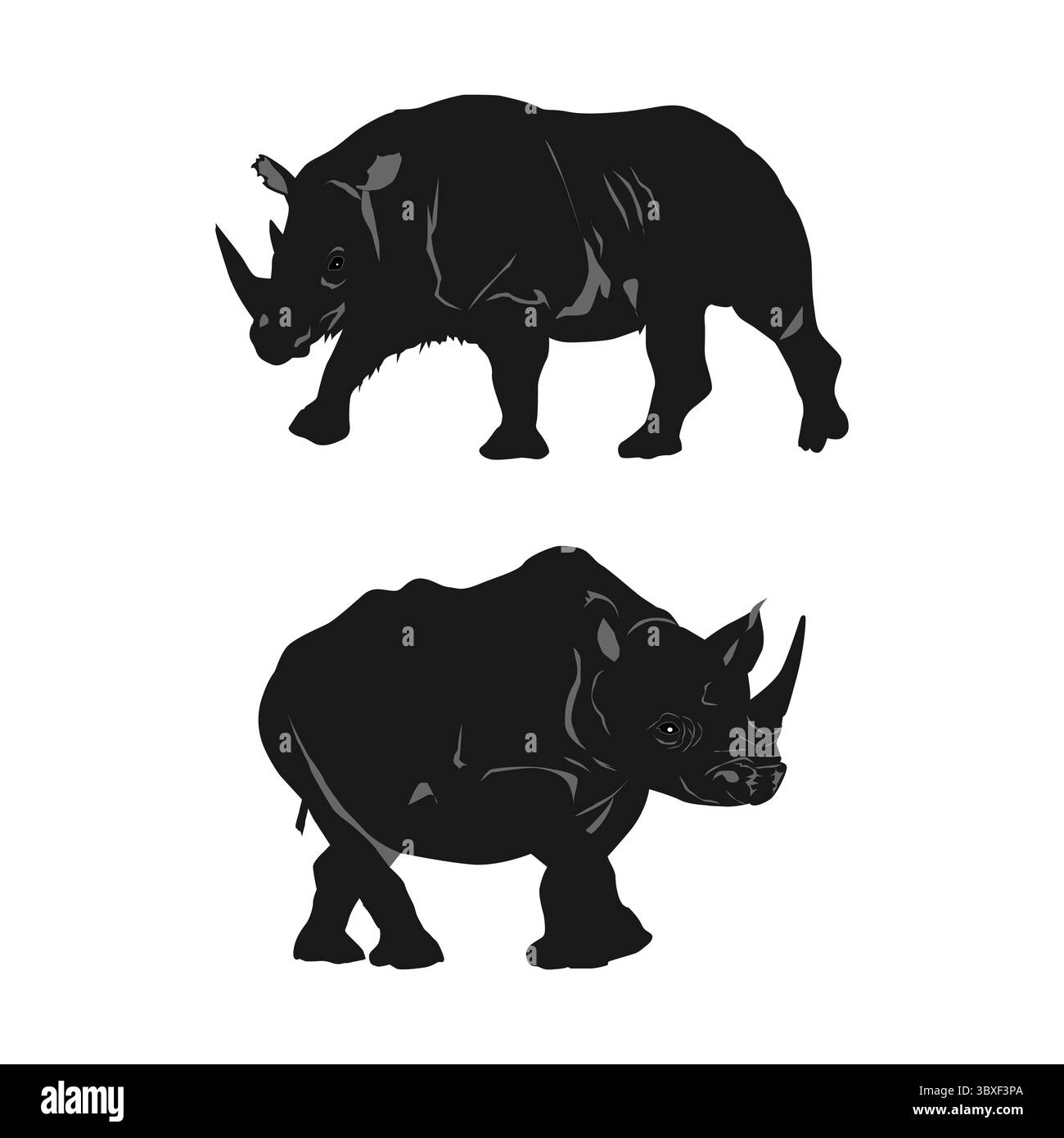 Rhinoceros nero, illustrazione della silhouette Rhino su sfondo bianco vol 02 Illustrazione Vettoriale