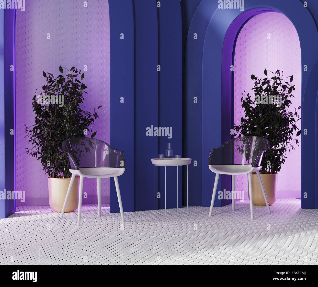 Camera dal design contemporaneo con sedie di design e tavolino da caffè con archi blu e luce al neon rosa, rendering 3d. Foto Stock
