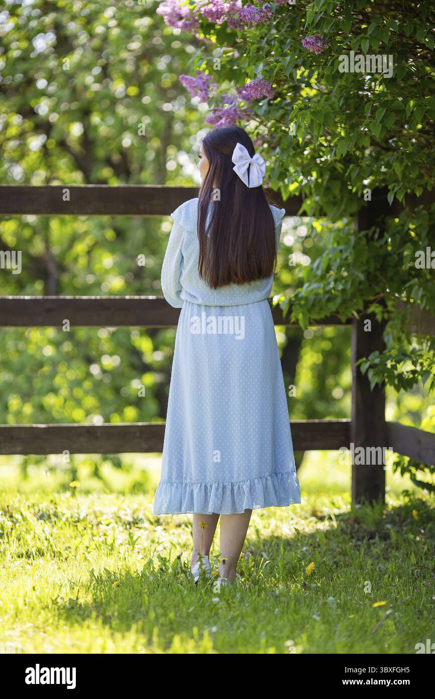 Romantica ragazza bruna dai capelli lunghi con fiocco bianco, in abito azzurro chiaro, si erge in giardino, vicino al cespuglio lilla in fiore, nelle giornate di sole. Vista posteriore. Foto Stock