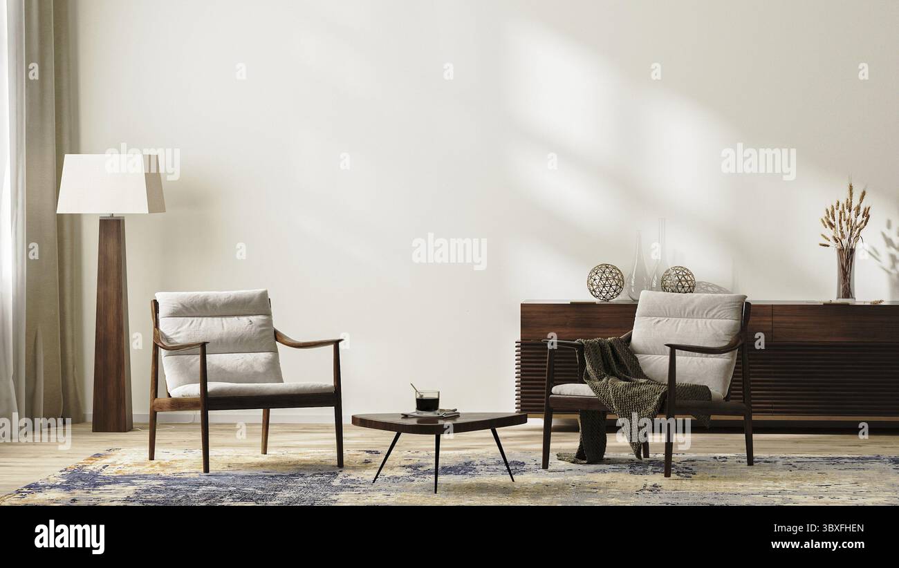 Luminoso e moderno soggiorno interno in colori neutri con poltrone, lampada da pavimento, tappeto e tavolino da caffè, cassettiera con arredamento casa, ampia wa vuota Foto Stock