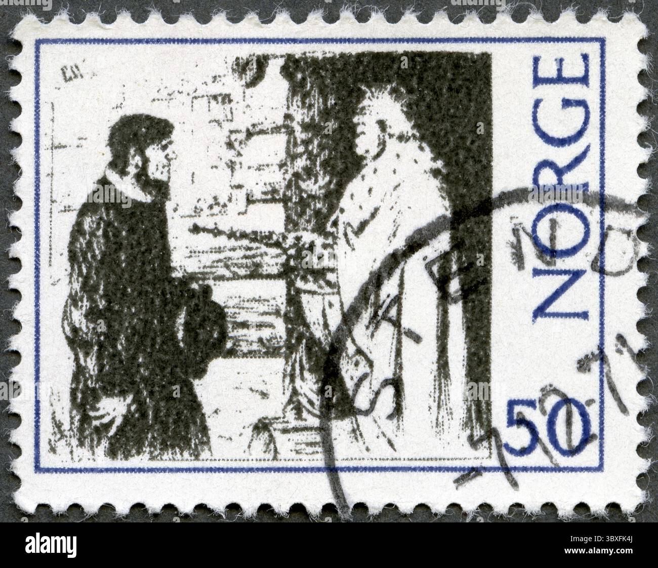 NORVEGIA - 1971 CIRCA: Un francobollo stampato in Norvegia mostra il predicatore e il re, serie di illustrazioni per leggende e racconti popolari di Erik Werenskiold, c Foto Stock