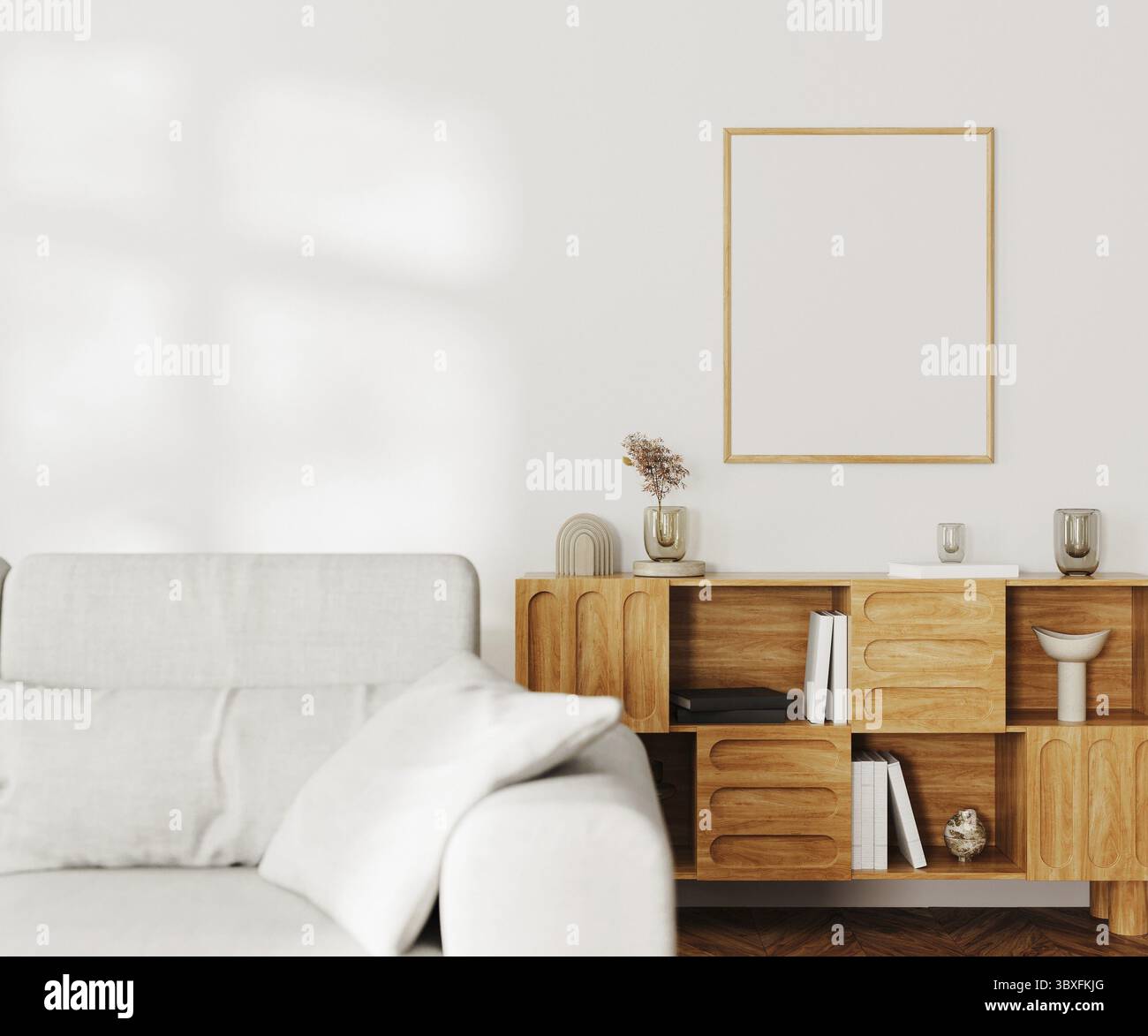 Cornice vuota riprodotta sopra l'armadietto in legno con decorazioni su parete bianca con luce solare, divano grigio, interni moderni del soggiorno, 3d. Foto Stock
