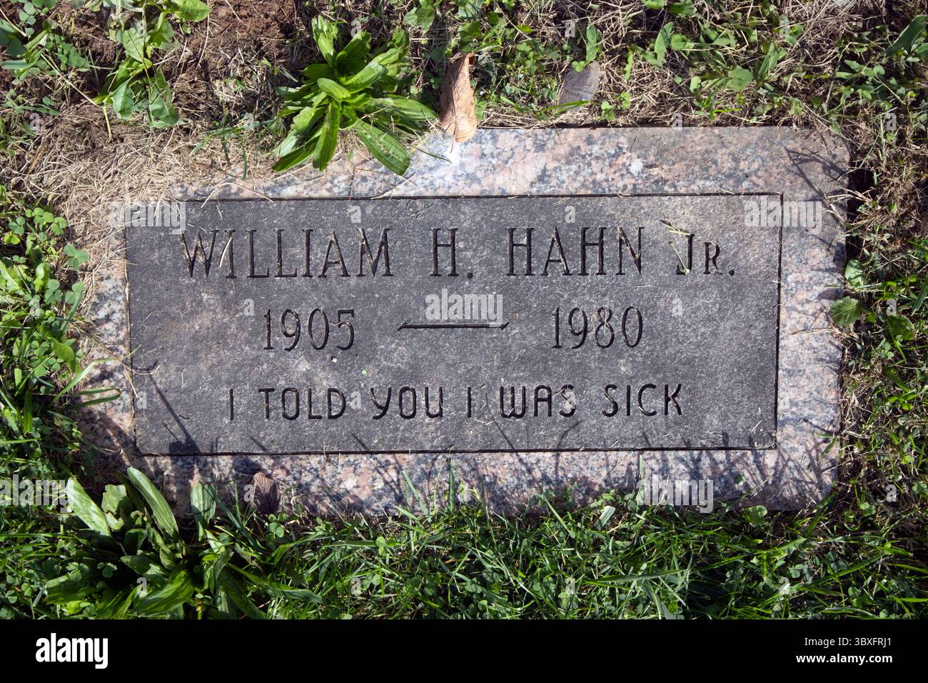 La lapide di William H. Hahn Jr. Nel Princeton Cemetery, New Jersey, recita: "Ti ho detto che ero malato", un epitaffio umoristico con spirito duraturo. Foto Stock