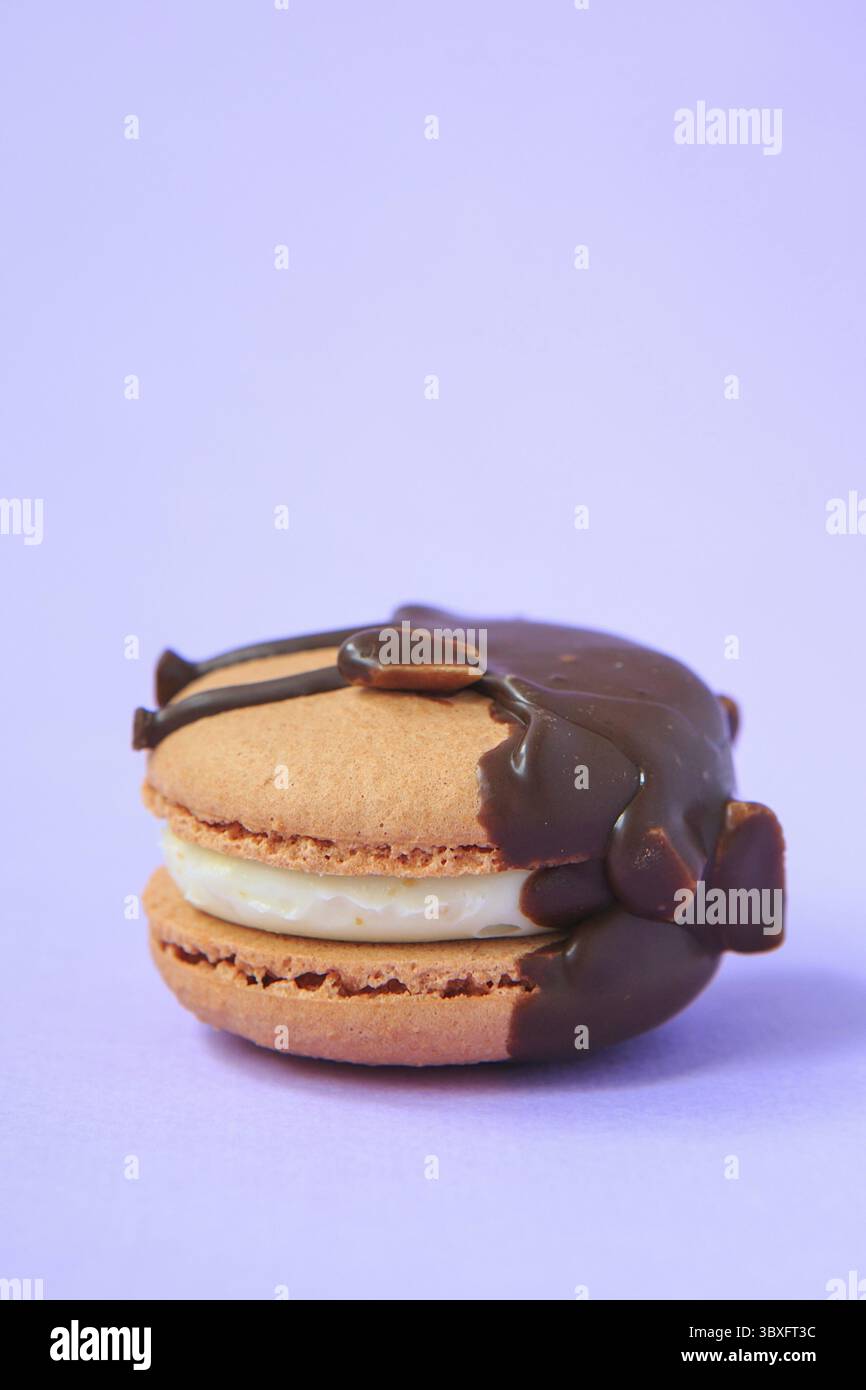 Macaron o macaroon con torta al cioccolato su sfondo viola. biscotti alle mandorle colorati. Primo piano della torta di macaroon francese. Macaron su sfondo colorato Foto Stock