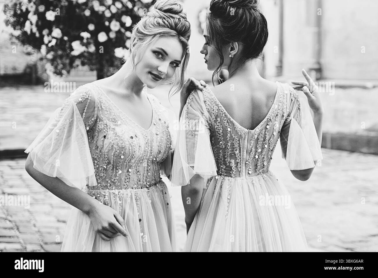 Bellissime damigelle d'onore con splendidi abiti in argento chiaro nella splendida città europea in estate. Gli abiti sono lunghi per il pavimento o a lunghezza intera Foto Stock
