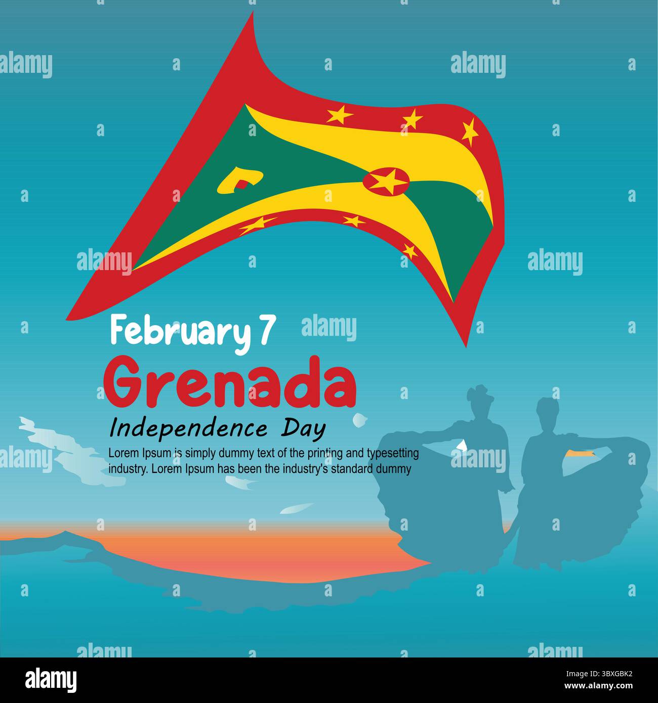 7 febbraio, Grenada Independence Day Vector Illustration. Adatto per biglietti d'auguri, poster e banner Illustrazione Vettoriale