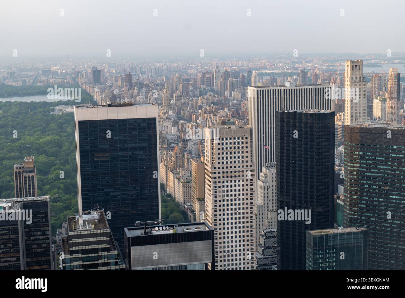 Prospettiva aerea di una vivace metropoli, che mostra un contrasto tra i grattacieli urbani densi e gli ampi spazi verdi del parco. Foto Stock