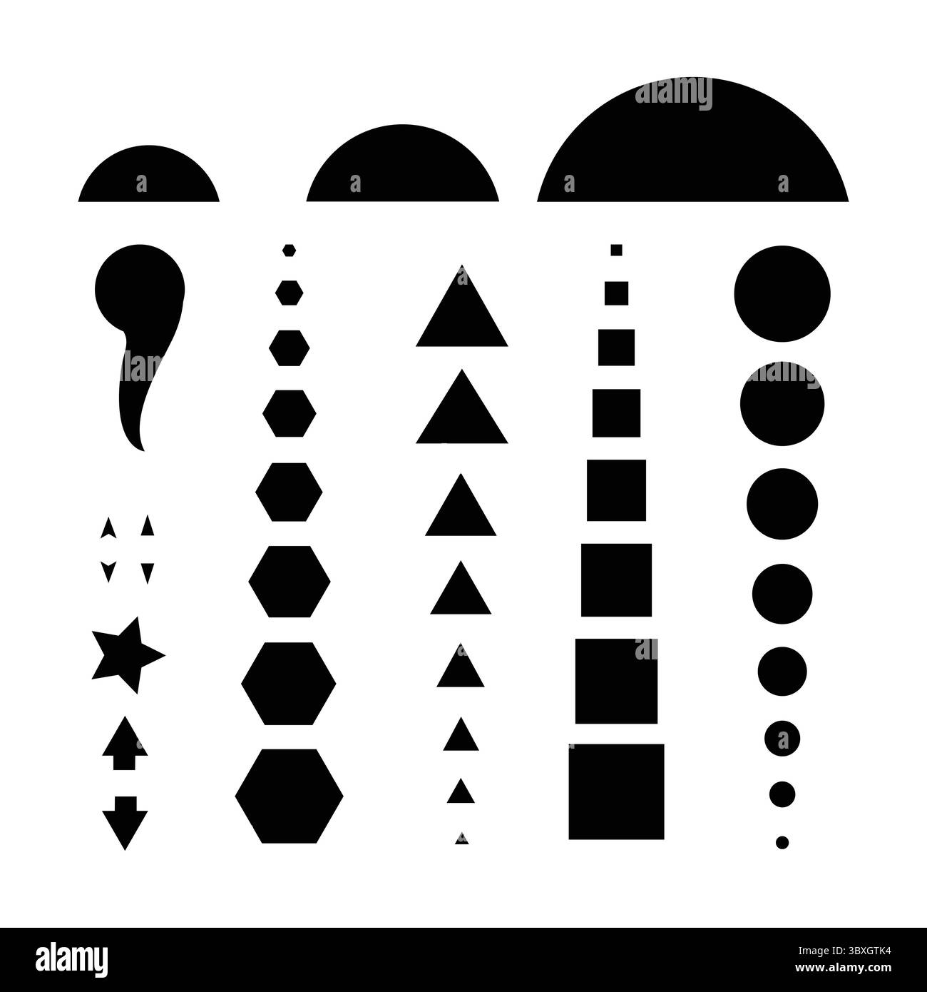 Simboli di forme geometriche, illustrazione della forma di disegno della silhouette nera del goniometro Illustrazione Vettoriale