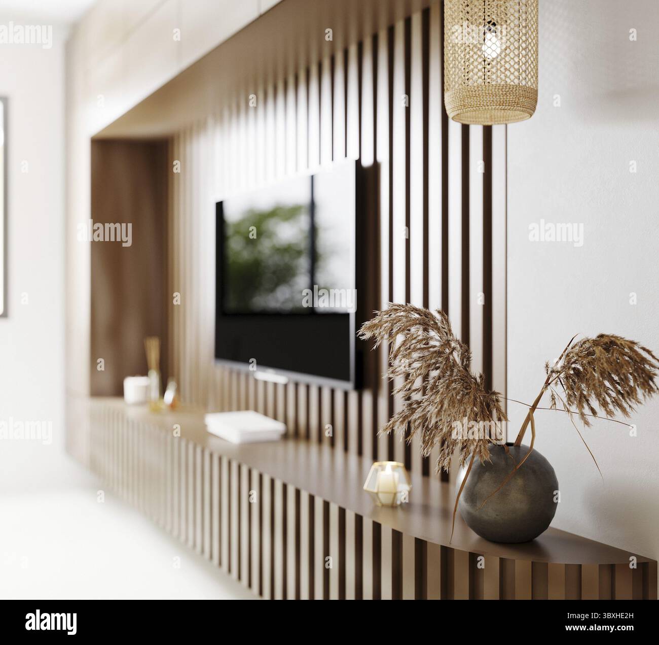 Area TV in primo piano, pannello in legno scanalato con decorazione moderna, lampada a sospensione, sfondo interno del soggiorno, schermo tv, rendering 3d Foto Stock