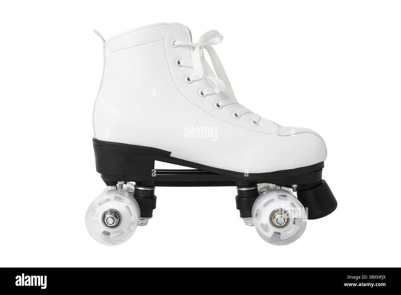 Pattino bianco con ruote e lacci neri su sfondo bianco Foto Stock