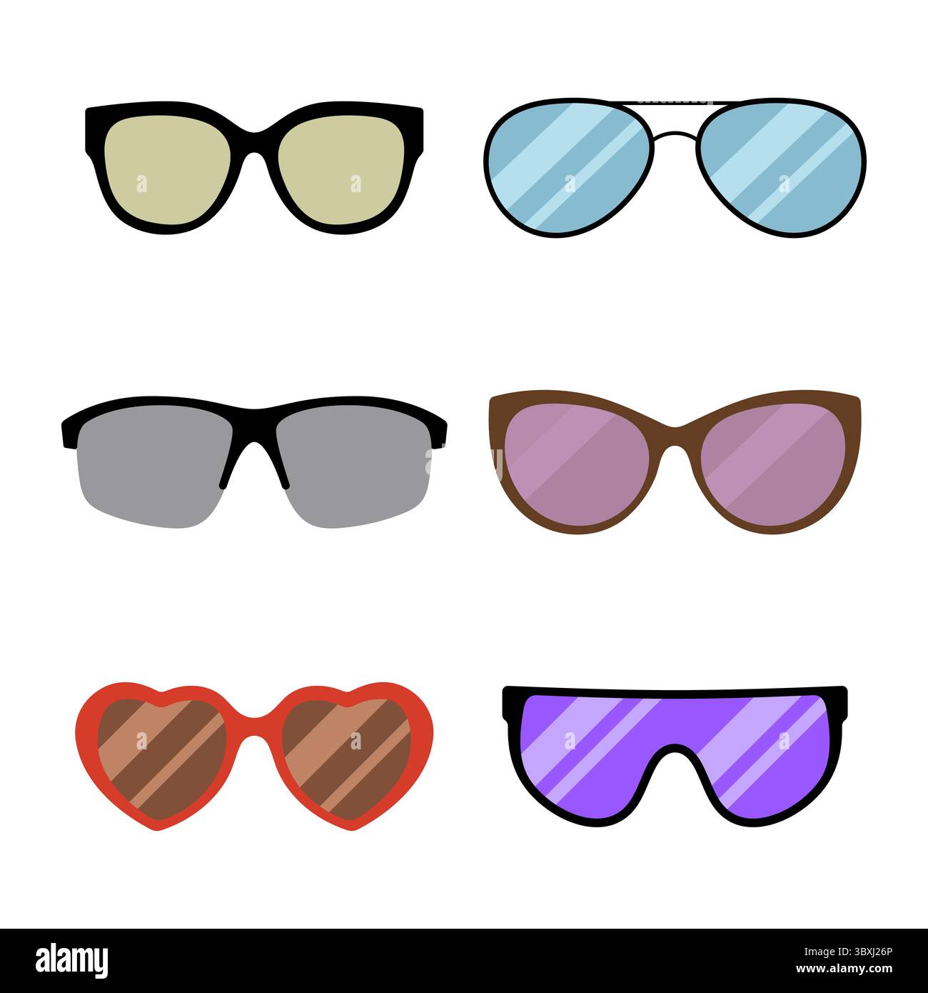 Set di eleganti occhiali da sole. Ogni paio presenta un design unico e un colore delle lenti. Questa collezione colorata è ideale per progetti a tema moda. Illustrazione Vettoriale