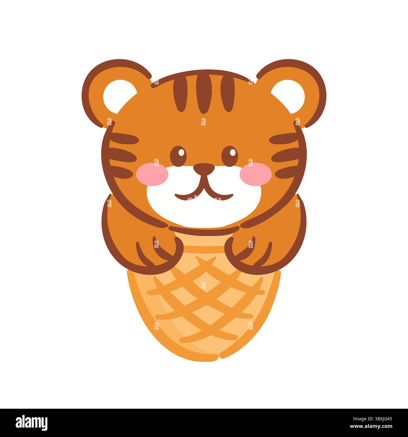 Una simpatica tigre kawaii, un colorato cono di gelato. Con la sua espressione giocosa e i colori vivaci, questa illustrazione cattura la gioia delle prelibatezze estive Illustrazione Vettoriale