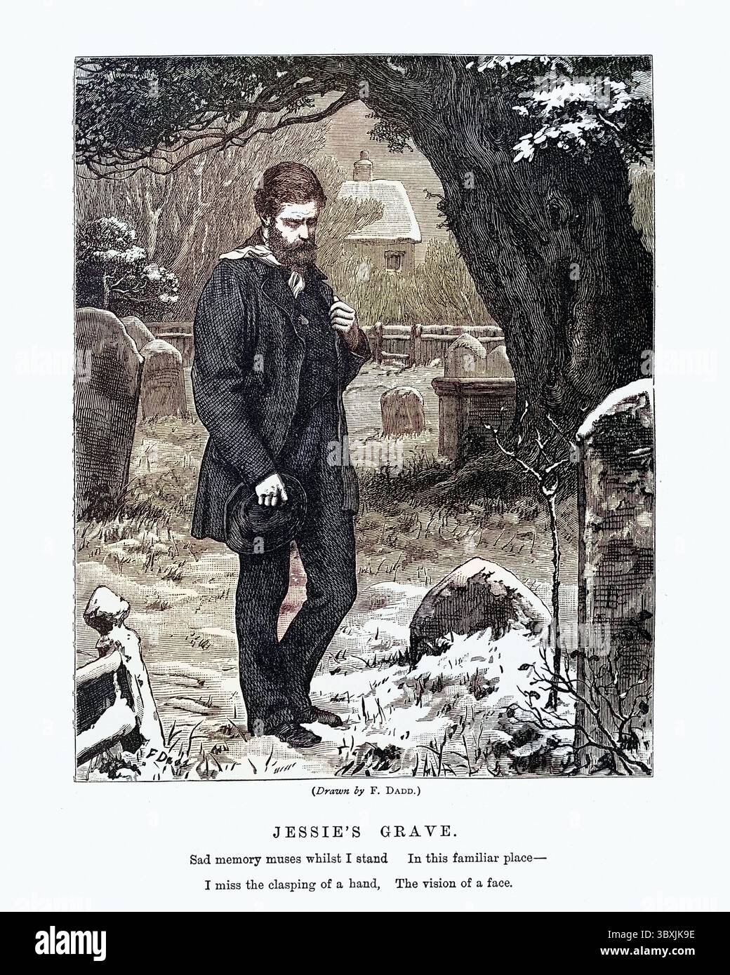 Illustrazione vintage dell'uomo che visita la tomba del suo amore perduto, vittoriano, XIX secolo. La tomba di Jessie. I ricordi tristi muse mentre sono in piedi. In questo posto familiare, mi manca la stretta di una mano, la visione di un volto. Di F Dadd, 1877, il Quiver Foto Stock