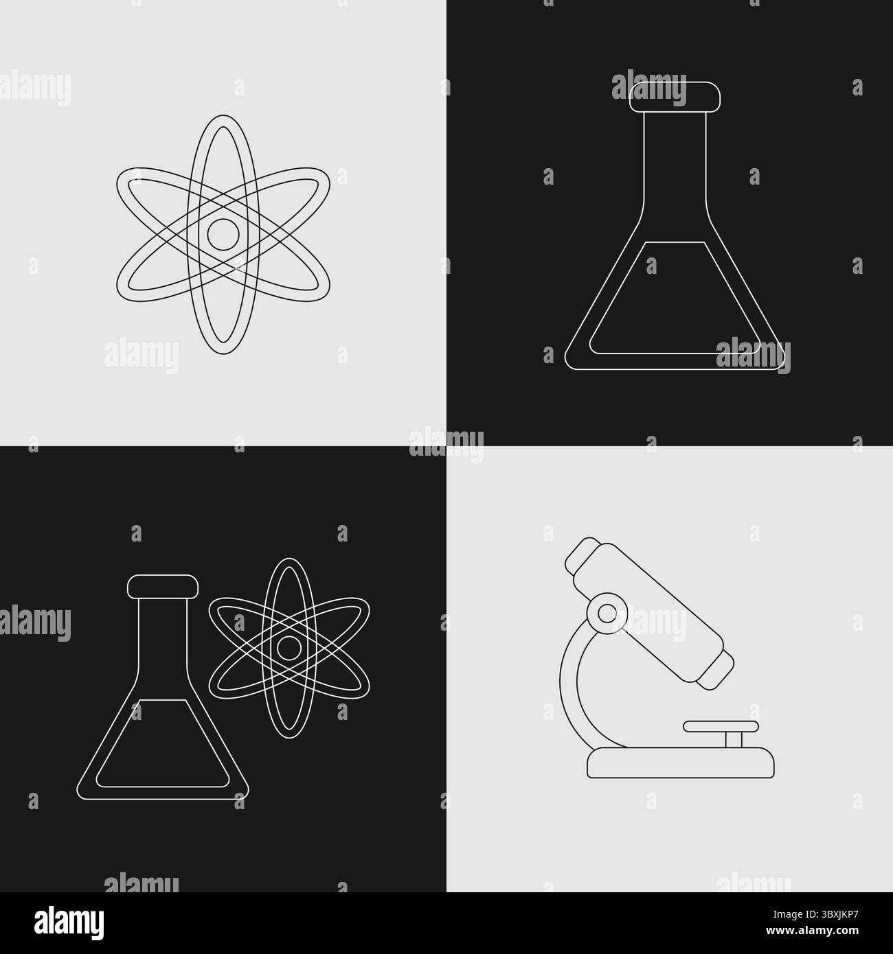 Set di icone Science and Laboratory con Atom, fiasca e microscopio per ricerca in fisica, chimica e biologia Illustrazione Vettoriale