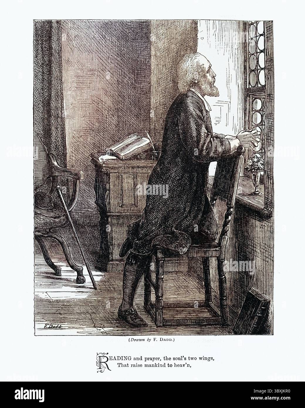 Illustrazione d'epoca uomo anziano che prega vicino a una finestra, lettura e preghiera, le due ali dell'anima, che innalzano l'umanità al cielo, anni '1870, XIX secolo Foto Stock
