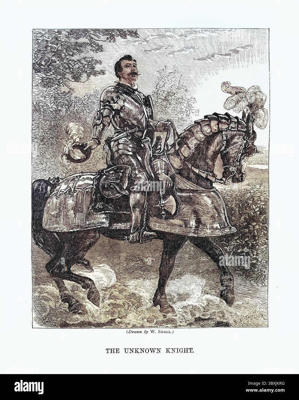 Illustrazione vintage di un cavaliere medievale a cavallo in armatura Foto Stock