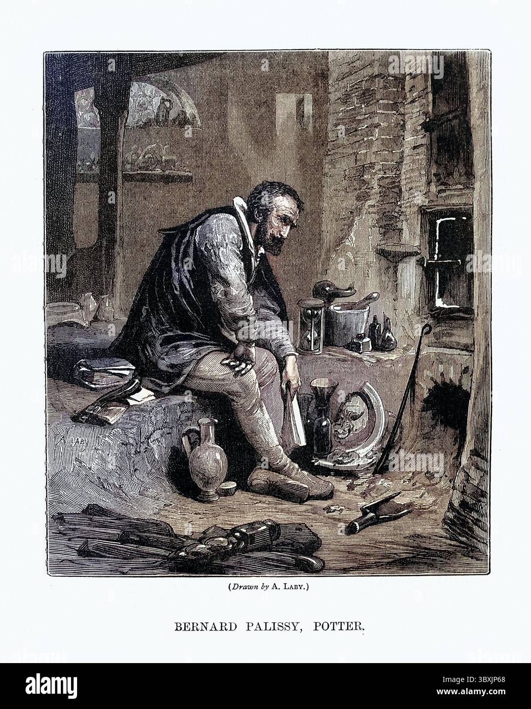 Illustrazione d'epoca di Potter seduto in attesa accanto al suo forno, vittoriano, XIX secolo Foto Stock