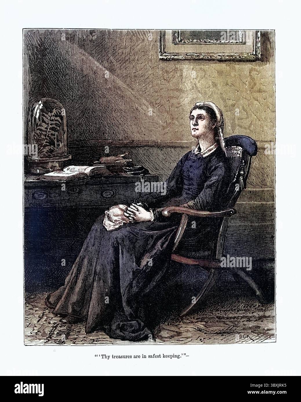 Illustrazione vintage di donna che contempla la vita, anni '1870, XIX secolo Foto Stock