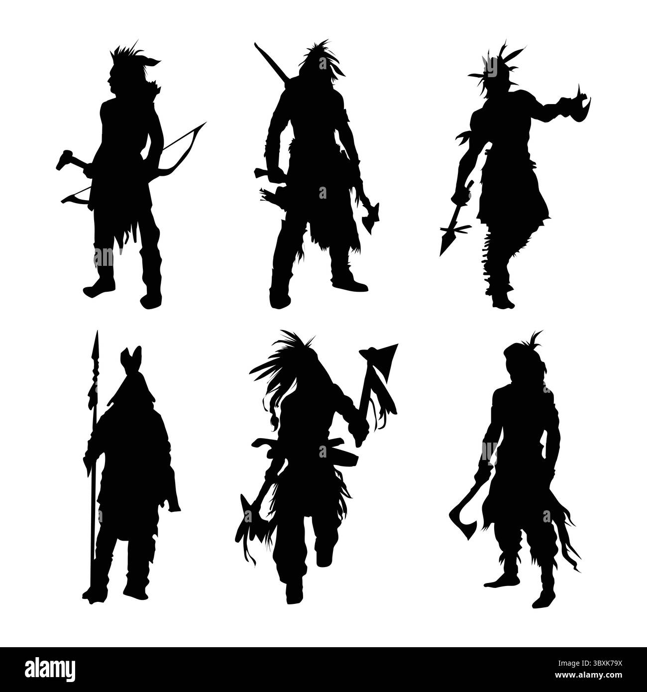 Illustrazione delle silhouette nere dei guerrieri nativi americani su sfondo bianco Vol 01 Illustrazione Vettoriale