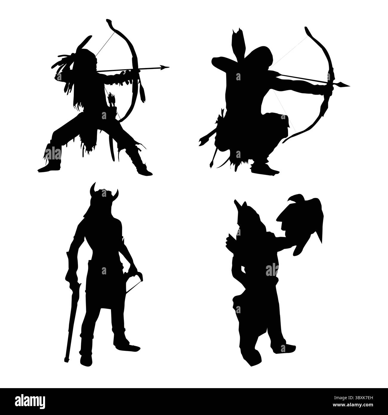 Illustrazione delle silhouette nere dei guerrieri nativi americani su sfondo bianco Vol 04 Illustrazione Vettoriale