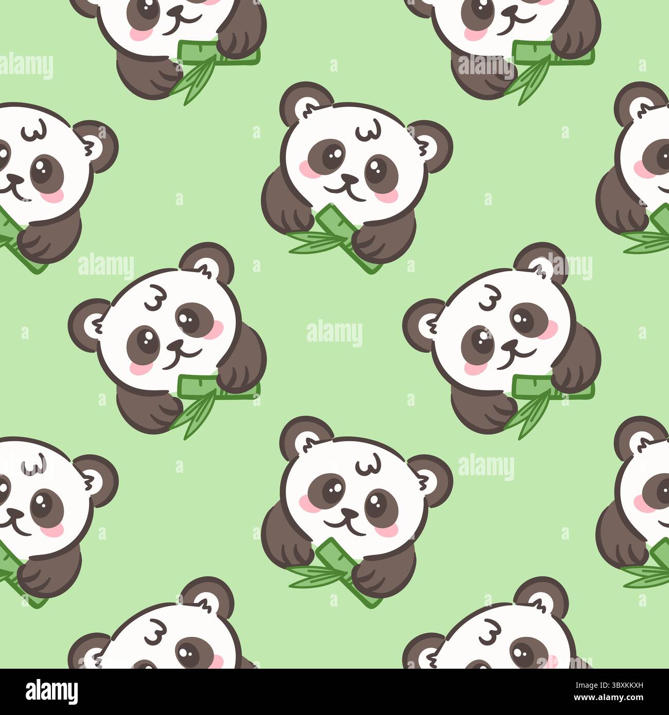 Questa illustrazione vettoriale presenta un adorabile motivo senza cuciture di simpatici panda che reggono il bambù su uno sfondo verde tenue. Perfetto per aggiungere un divertimento Illustrazione Vettoriale