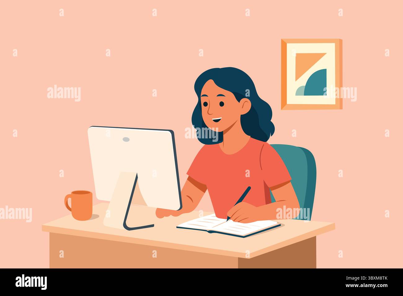 Una giovane donna sorridente studia o lavora da casa, prendendo appunti davanti a un computer in uno spazio caldo e organizzato. Illustrazione Vettoriale Una giovane donna sorridente studia o lavora da casa, prendendo appunti davanti a un computer in uno spazio caldo e organizzato. Illustrazione Vettoriale