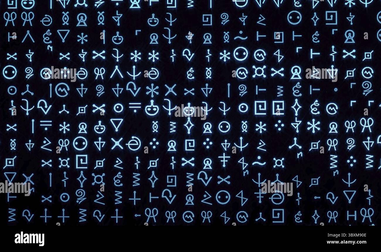 Linea complessa di simboli geroglifici alieni Foto Stock