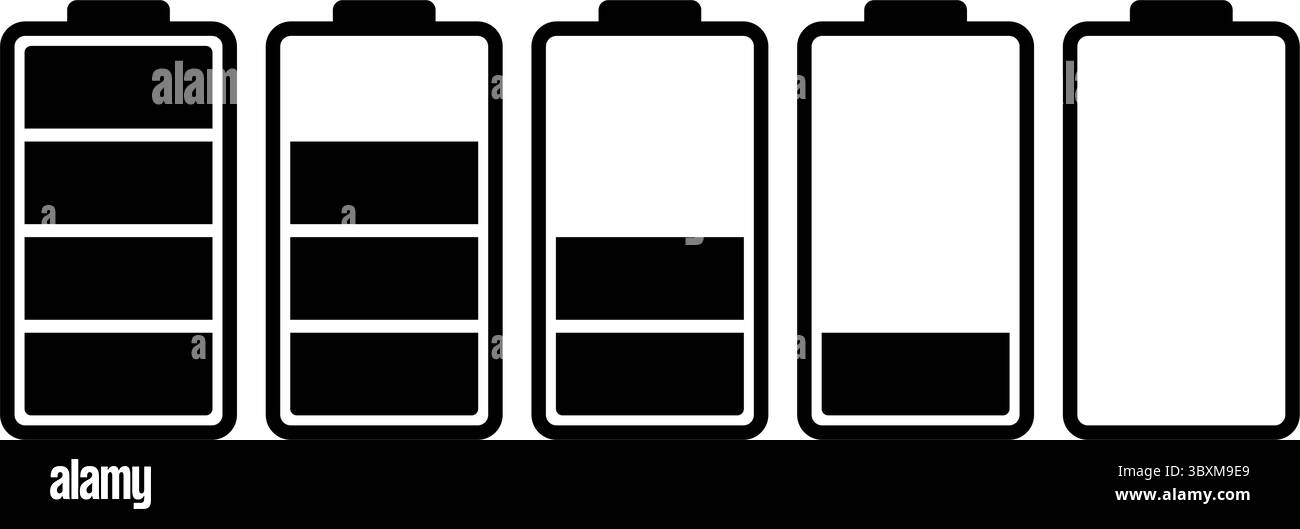 Serie di icone del livello della batteria che mostrano cinque fasi da carica a scarica in bianco e nero utilizzando indicatori di riempimento fissi per lo stato di alimentazione e il livello di energia. Illustrazione Vettoriale