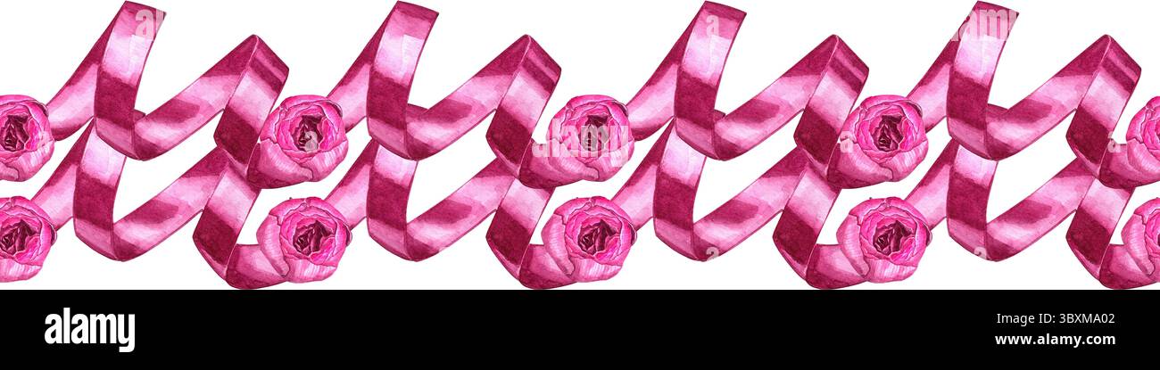 Illustrazione ad acquerello di fiori. Peonie rosa. Bordo senza cuciture, può essere utilizzato per sfondo, sfondo, poster, biglietti, inviti, imballaggio, testo Foto Stock
