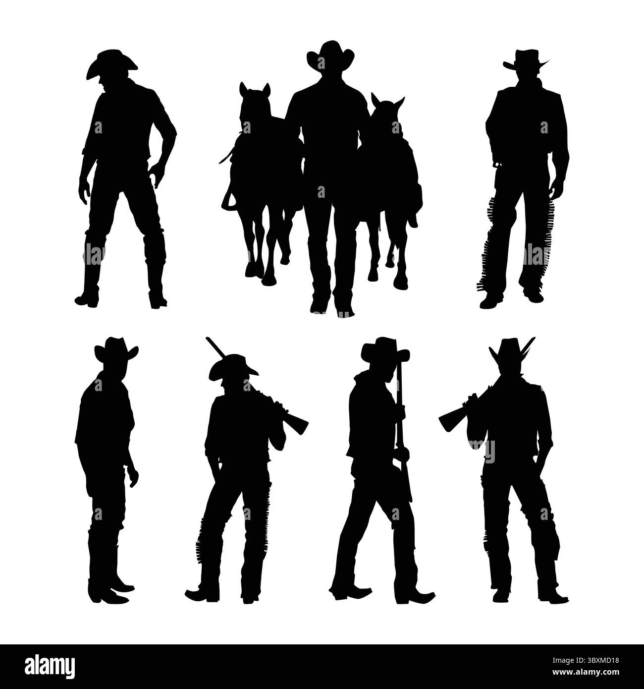 Set di silhouette Cowboy nere su sfondo bianco Vol 01 Illustrazione Vettoriale