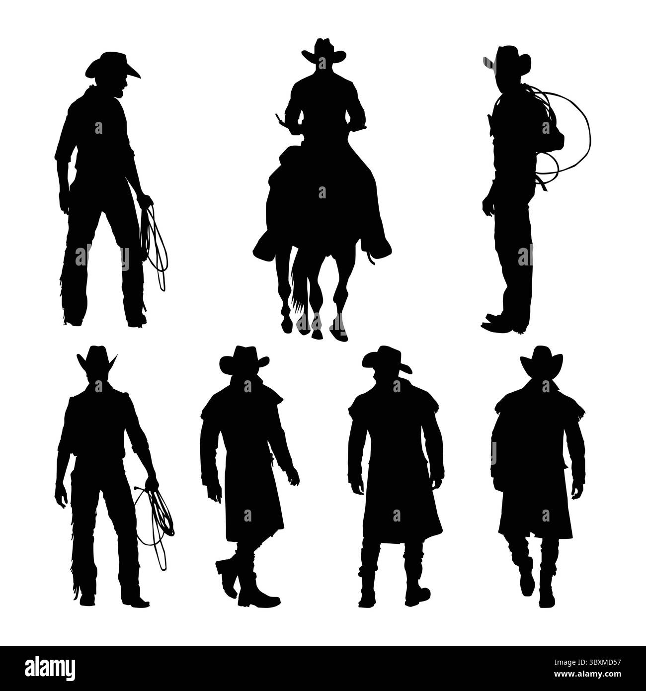 Set di silhouette Cowboy nere su sfondo bianco Vol 02 Illustrazione Vettoriale