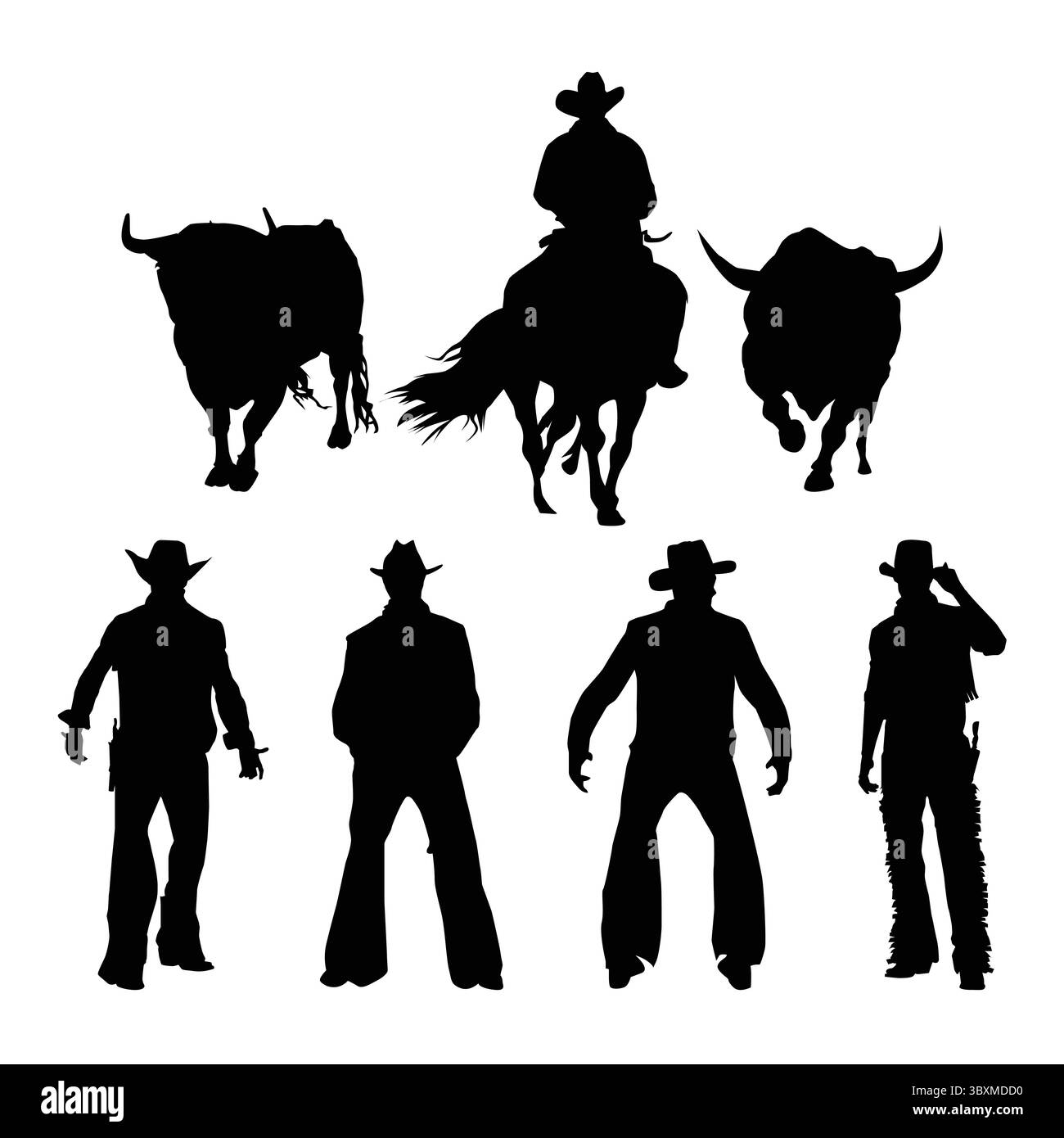 Set di silhouette Cowboy nere su sfondo bianco Vol 03 Illustrazione Vettoriale