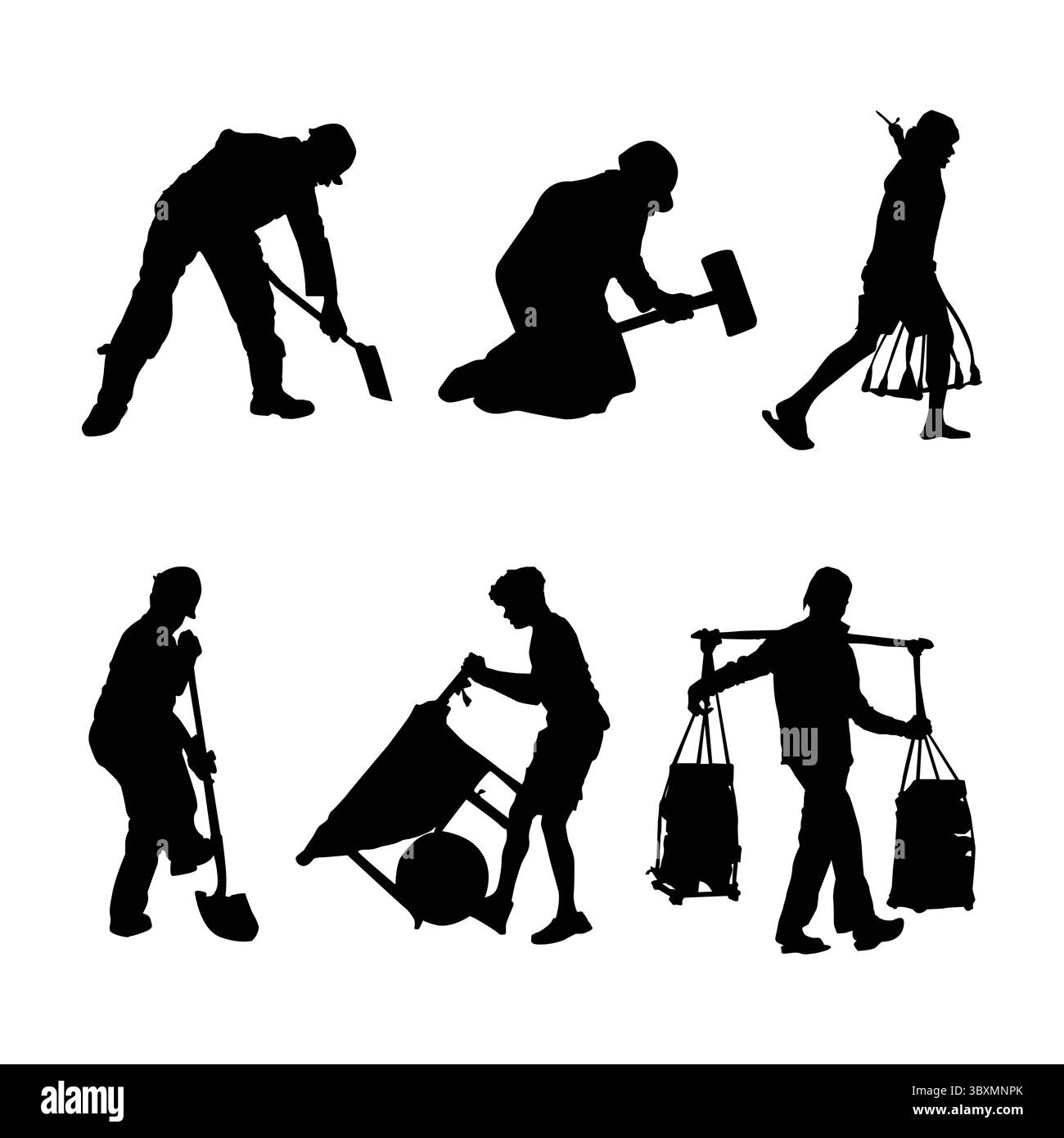 Set di manodopera che lavora con la silhouette nera dell'attrezzatura Vol 01 Illustrazione Vettoriale