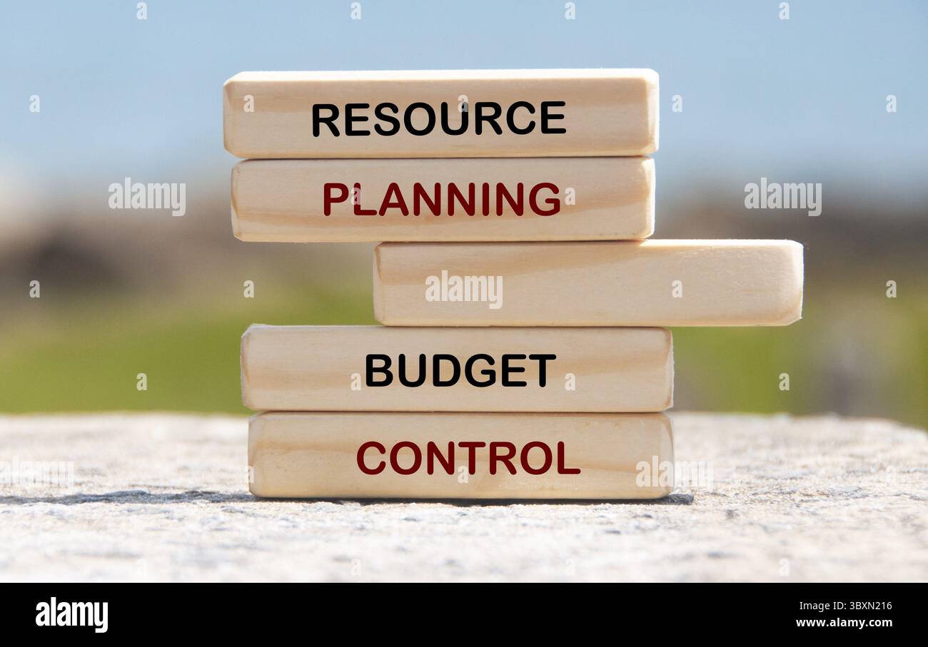 Testo di pianificazione delle risorse e controllo del budget su blocchi di legno con sfondo di natura sfocata Foto Stock