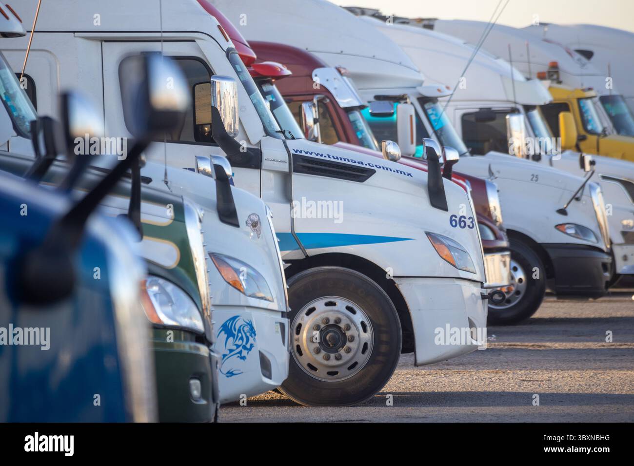 Camion allineati in un deposito vicino a Ciudad Juarez, con l'accento sulle dinamiche commerciali di frontiera. Foto Stock