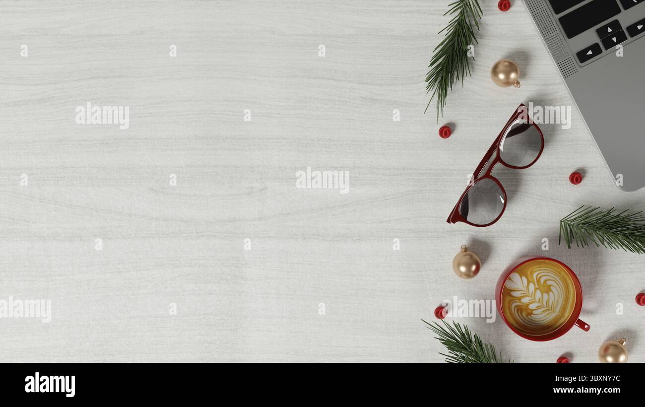 Un rendering 3D che presenta uno spazio di lavoro moderno con una tazza da caffè, bicchieri e accenti natalizi, combinando produttività e fascino natalizio su una superficie bianca Foto Stock
