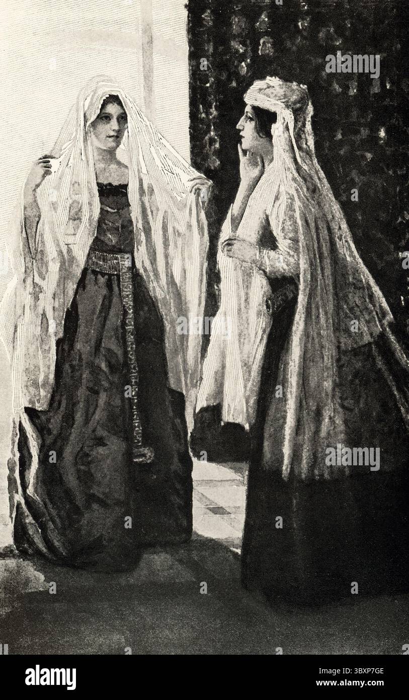 La didascalia del 1901 recita: “Rebecca e Rowena di Walter Scott”. Nell'Ivanhoe di Sir Walter Scott, Rebecca e Rowena sono personaggi femminili centrali che amano entrambi il personaggio titolare, Ivanhoe. Rebecca, una donna ebrea, è ritratta come intelligente, compassionevole e abile guaritrice, mentre Rowena è una bella nobildonna sassone che Ivanhoe si impegna a sposare. Ivanhoe è un romanzo storico di Walter Scott (romanziere e poeta scozzese) pubblicato in tre volumi, nel dicembre 1819, come uno dei romanzi di Waverley. Foto Stock