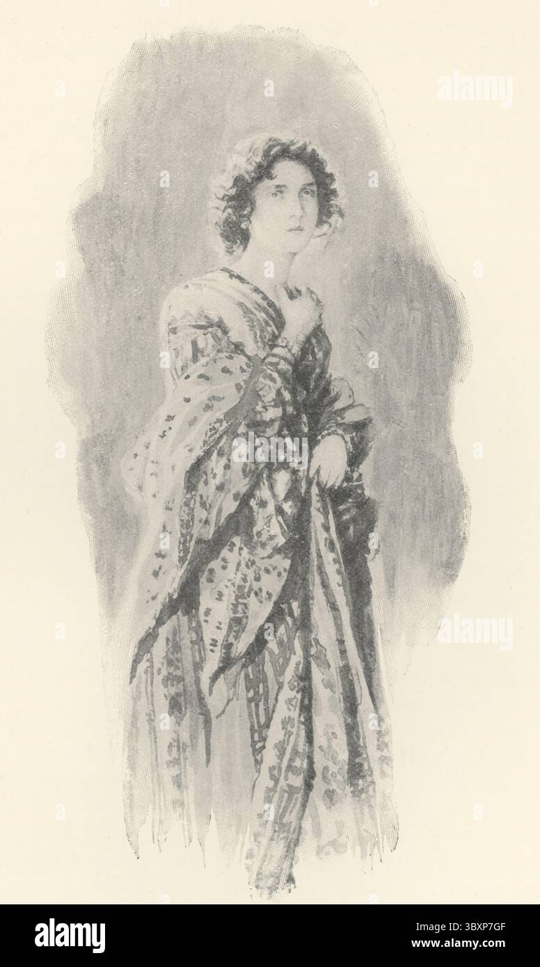 La didascalia del 1901 recita: “Lucy Ashton di Walter Scott”. La sposa di Lammermoor è un romanzo storico di Sir Walter Scott, pubblicato nel 1819, uno dei romanzi di Waverley. Il romanzo è ambientato nel sud-est della Scozia e racconta di una tragica storia d'amore tra la giovane Lucy Ashton e il nemico della sua famiglia Edgar Ravenswood. La sposa di Lammermoor è un romanzo storico di Walter Scott (romanziere e poeta scozzese) pubblicato nel 1819 come uno dei romanzi di Waverley. Foto Stock