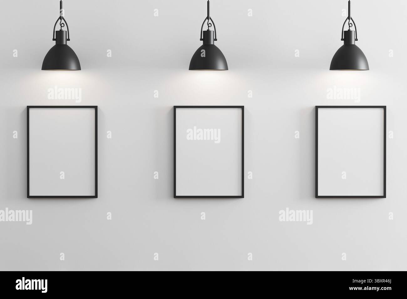 Tre cornici verticali nere mockup con luci a sospensione nere sopra e parete bianca, gallery Concept, rendering 3d Foto Stock