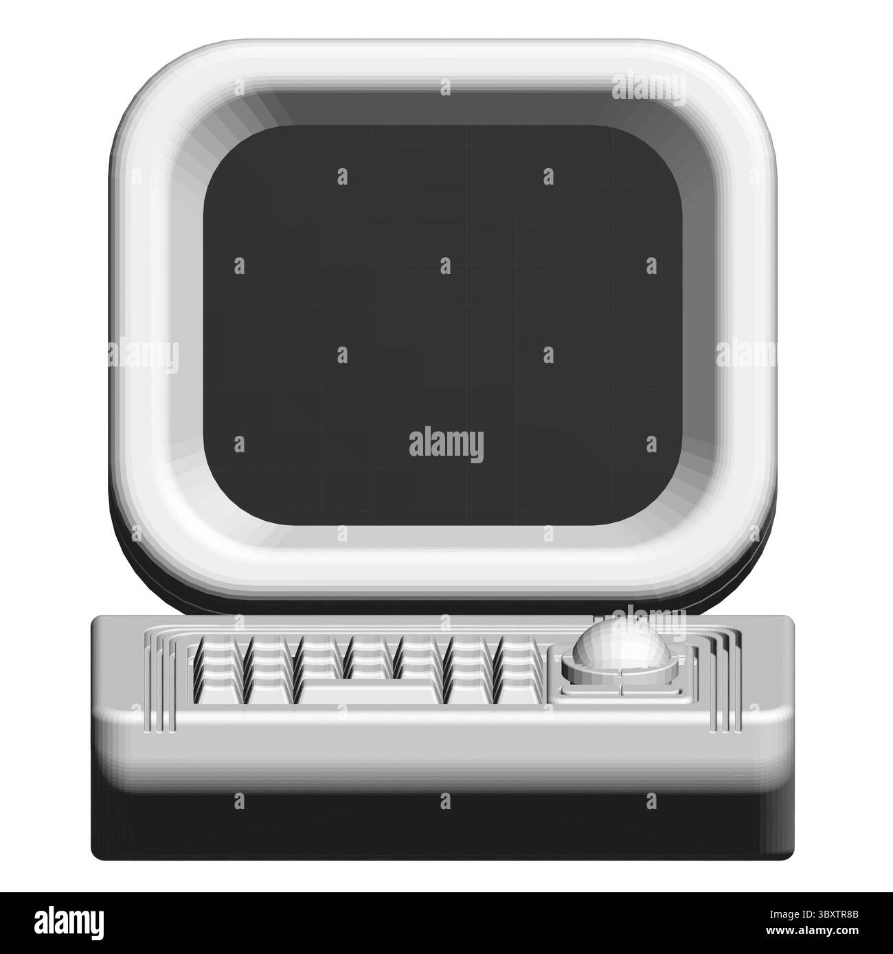 Un monitor retro-computer con tastiera e mouse. Il monitor è bianco e nero. Vista frontale Illustrazione Vettoriale